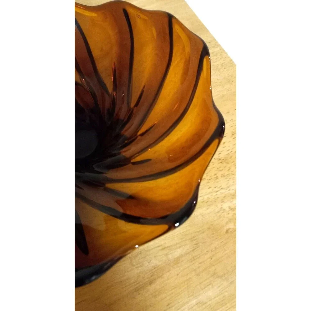 Vintage MCM Murano Style Amber Art Glass Ruffled Swirled Bowl /Catchall 8